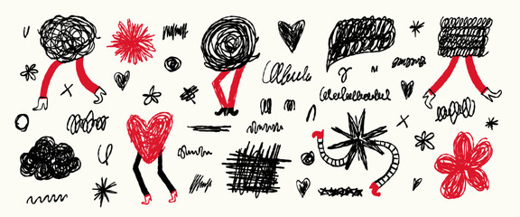 Abstract Emotional Tangle Characters, Mental Health Concepts in Shaky Line Doodle Style