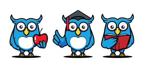 Set of cute wise owl mascot illustration.