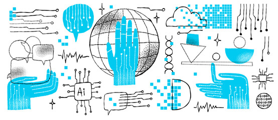AI Robotic Hands Concepts, Global Technology and Balance Symbols in Hand-Drawn Doodle Style