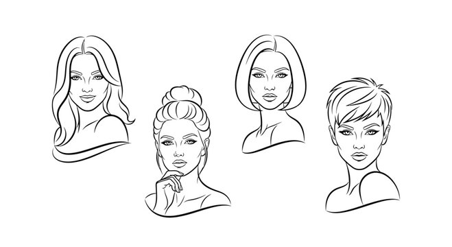 Diverse Female Hairstyles Sketch: Long Wavy, Updo, Bob, Pixie Cut