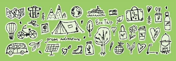 Sustainable Travel and Eco Adventure Hand Drawn Doodle Sticker Collection Set