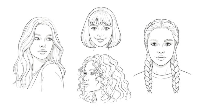 Diverse Hairstyles Sketch: Women's Portraits with Various Hair Types and Styles