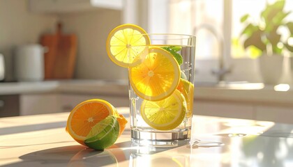 Fototapeta premium Refreshing Citrus Infusion - A Glass of Zesty Delight.