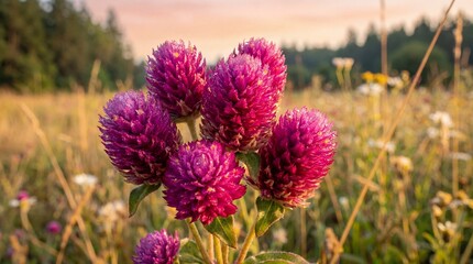 Obraz premium Close-up of vibrant purple globe amaranth flowers in a sunlit meadow at golden hour.