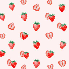 いちごとカット苺のシームレスパターン背景（ベビーピンク）ー 丸みのある苺とカット苺を散りばめた、やさしいピンク背景のシームレスパターン。商品パッケージ、ポスター、ポストカード、ノートの表紙、シール帳、背景素材、マスキングシールブックタイプ、フレークシール、苺スイーツの販促などに最適な、かわいく使いやすいデザイン素材です。