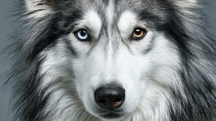 Stunning Siberian Husky with Unique Heterochromia Eyes in a Close-Up Portrait on Gray Background