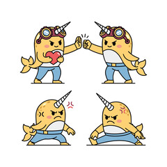 Unhappy narwhal characters showing various emotions and gestures in a cartoon style © KHDEJASTOCK