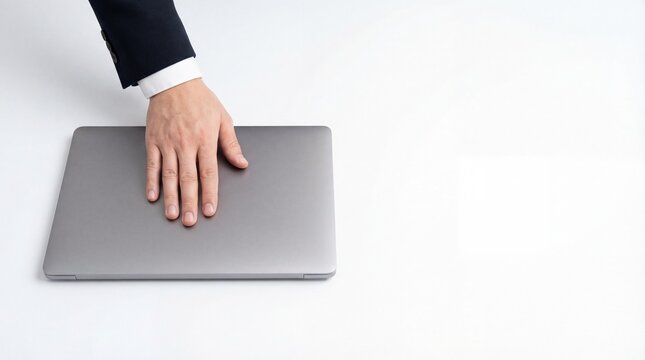 Hand placed on closed laptop, conservative business strategy concept