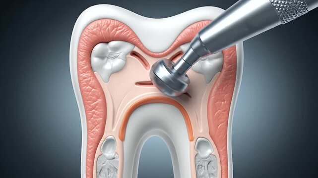 Dental Treatment Animation: Cross Section of Tooth Cavity Filling Process with Drill on Blue