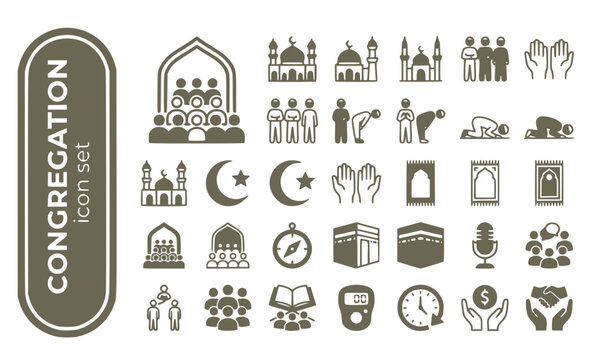 Congregation Islamic-Congregation Jamaat Prayer-Assembly Mosque-Gathering Muslim-Assembly Worship-Congregation Vector Icon Set - Islamic Jamaat