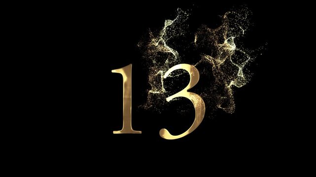 Golden number 13 from particles, numbering, thirteen, golden numbers, alpha channel, numerology, beautiful golden numbers with particles on a transparent background