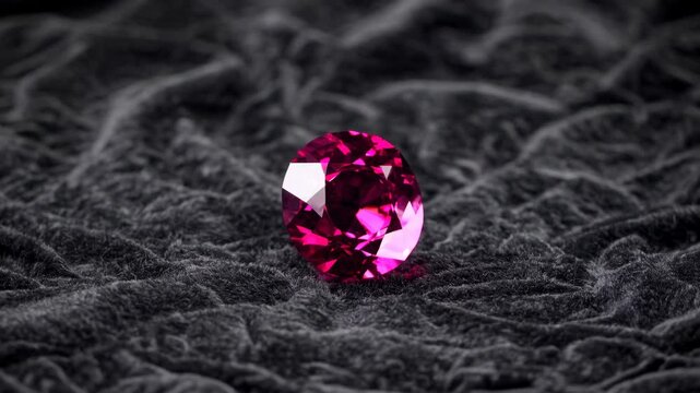 Close-up shot of a vibrant red gemstone on textured black fabric, captured from a low angle. Ideal for a luxury-themed video backdrop.