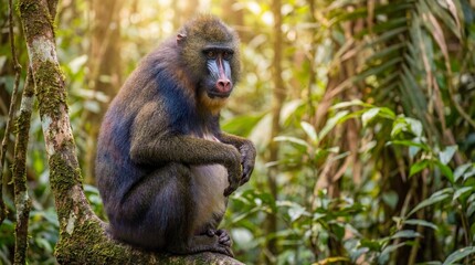 Obraz premium Mandrill Monkey Sitting on Tree Branch in Lush Green Jungle Rainforest