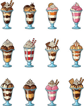 Collection of colorful ice cream sundaes illustration featuring assorted dessert glasses, sweet toppings, frozen treats, menu design isolated artwork set