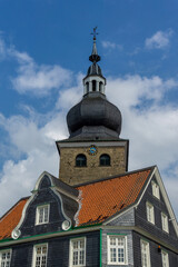 Fototapeta premium Lennep Remscheid Germany Historic Bergisch Slate House and Town Church with Baroque Onion Dome