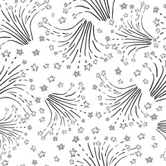 Obraz premium Seamless pattern with fireworks and salutes. Sketch-style vector illustration for book design, coloring books, children's interiors, greeting cards, events, and fabric printing.