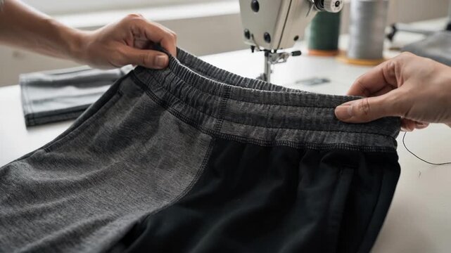 Footage of tailors assembling lightweight jersey joggers focusing on flexible waistbands that enhance comfort for active movement.