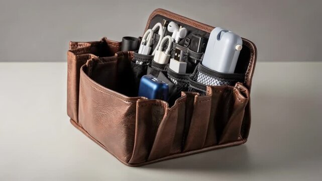 Medium shot focusing on a gusseted leather tech organizer filled with various chargers and electronic accessories highlighting its expandable storage capacity.