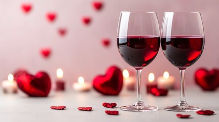 Romantic background two glasses of red wine clinking together. Romantic atmosphere for a valentine's day celebration with space for text.