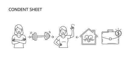 Woman's journey from fitness to success: health, home, and career growth concept