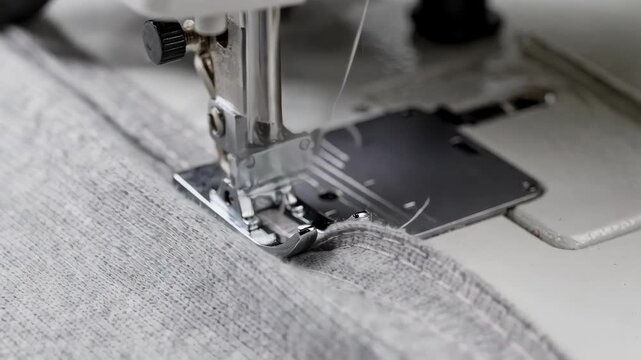 Closeup on an overlock sewing machine with integrated sensors adjusting thread tension dynamically for perfect seam finish on knit materials.