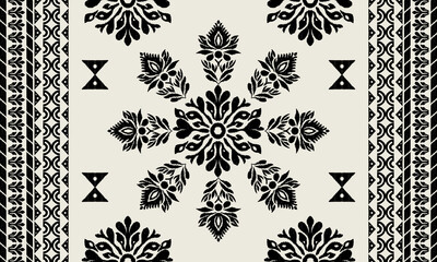 Motifs African boho paisley in black on background. Floral Ikat pattern embroidery border.Ethnic floral Indian seamless.Aztec traditional textile design decoration. Vector illustration