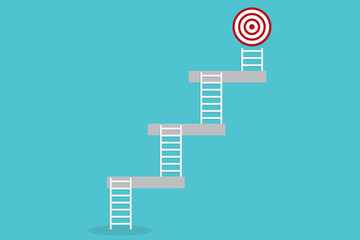 Ladder of success. Staircase with target icon. Achieving goals and objectives or goal setting.	