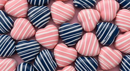 Obraz premium Pink and blue striped candy hearts close up