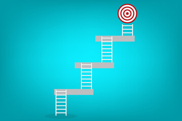 Ladder of success. Staircase with target icon. Achieving goals and objectives or goal setting.	