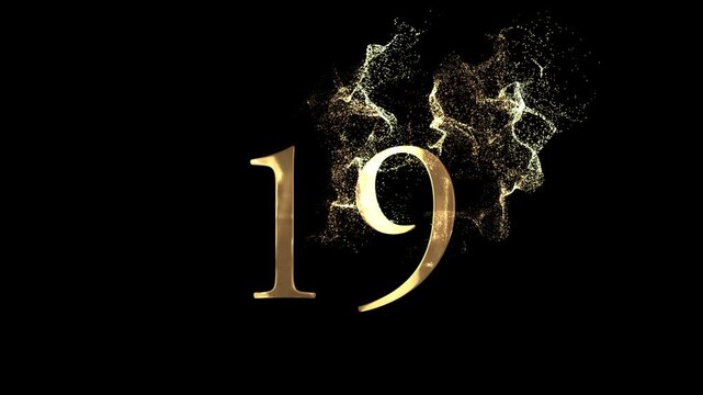 Golden number 19 from particles, numbering, nineteen, golden numbers, alpha channel, numerology, beautiful golden numbers with particles on a transparent background