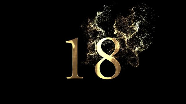 Golden number 18 from particles, numbering, eighteen, golden numbers, alpha channel, numerology, beautiful golden numbers with particles on a transparent background