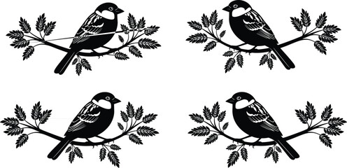 Black bird silhouette on leafy branch vector illustration, great tit or chickadee songbird perching, nature wildlife icon design element. © MdAbdul