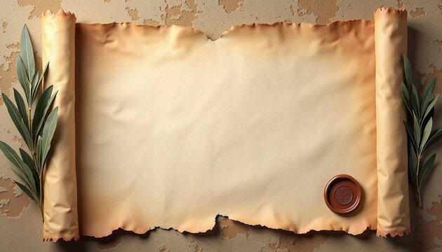 Ancient scroll with empty parchment and olive leaves beside wax seal. Scroll represents biblical themes and storytelling, framed by natural olive leaves and a decorative seal.