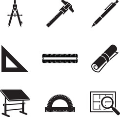 Professional Architect and Engineering Tools Icon Set for Technical Drawing and Construction Design