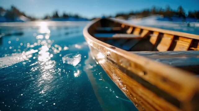 Small rowboat resting on a frozen lake at sunset, ice crystals glowing in soft bokeh