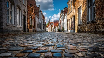 Cobblestone street between old buildings day