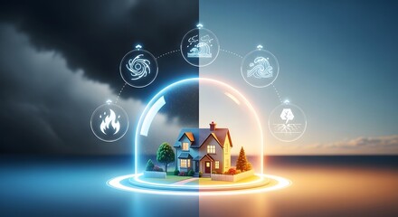 Fototapeta na wymiar A house protected by a glowing dome from natural disasters like fire, hurricane, and flood, symbolizing home insurance and safety.