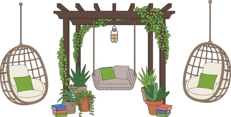 Garden pergola swing seating illustration, outdoor patio furniture hanging chairs plants cozy relaxation backyard decor nature lifestyle vector scene