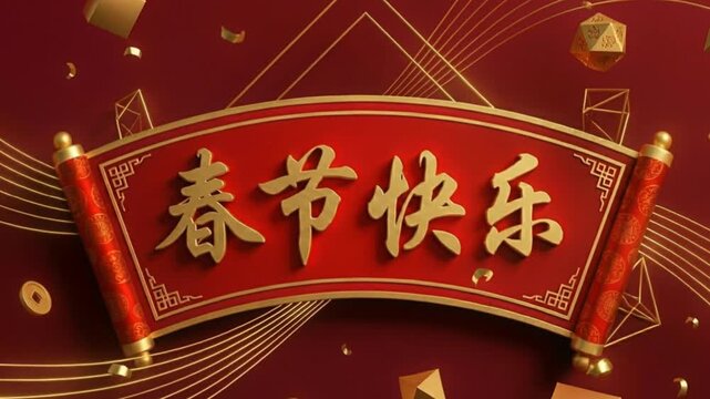 happy spring festival chinese new year 3d golden font modern geometric greeting video
