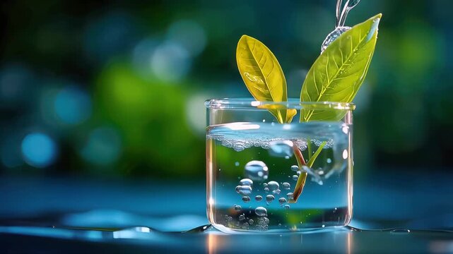 Fresh green leaves in a glass beaker as water is poured in, clean eco science concept with bubbles and soft bokeh background