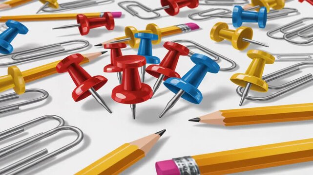 Colorful desk supplies including pencils, pushpins and paperclips scattered on white