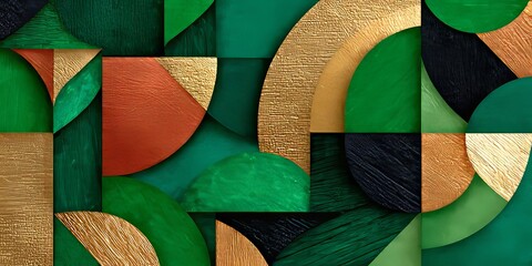Fototapeta premium Elegant Geometric Abstract Artwork Featuring Emerald Green, Gold, and Modern Shapes for Interiors