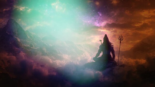 Silhouette of Lord Shiva Meditating Against Cosmic Mountain Landscape