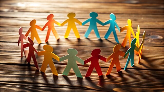 A group of colorful paper people holding hands in a circle
