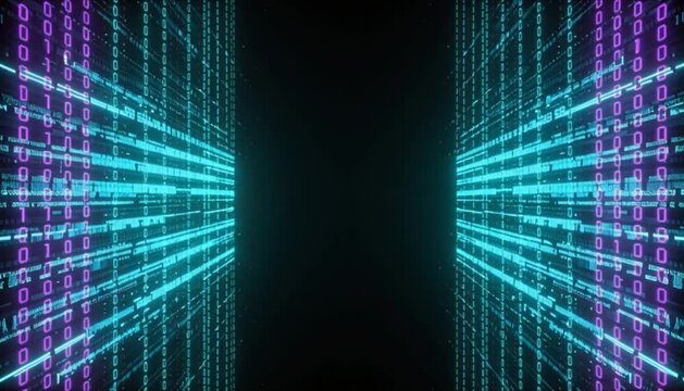 Binary code raining down on margins with central dark copy area and glowing teal purple accents for cybersecurity