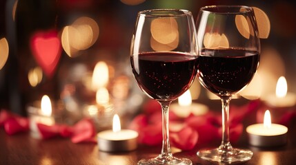 Romantic evening with red wine and candles. Two glasses of red wine clinking together, with candles in the background creating a romantic atmosphere for a valentine's day celebration.