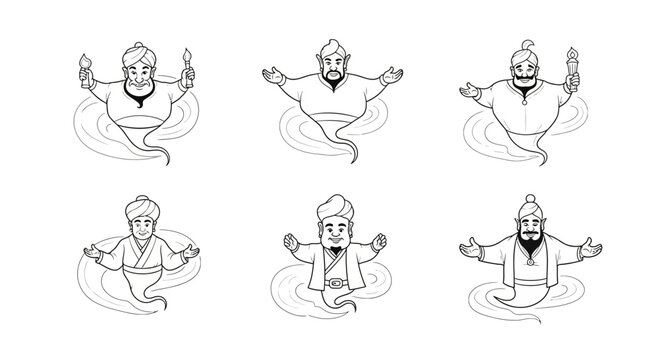 Set of 6 Genie Icons, Fantasy Characters Emerging from Smoke