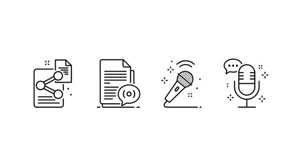 Set of icons: document sharing, document with comment, microphone, and podcast microphone