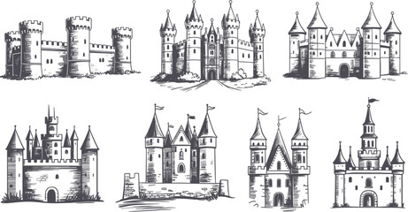 Set of medieval castle and fortress hand drawn vector illustrations, vintage palace architecture for history