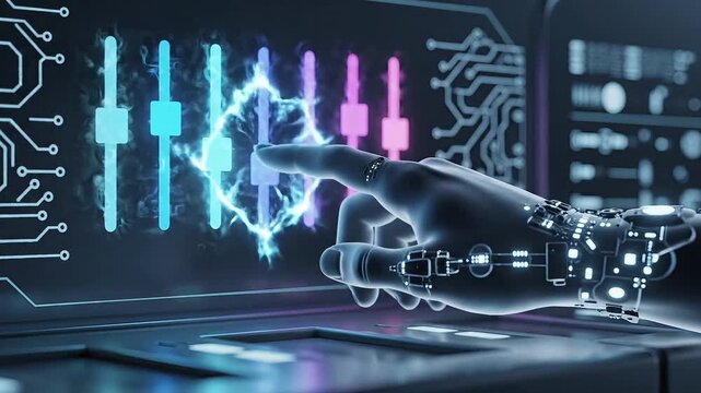Robot hand interacts with futuristic digital interface displaying vibrant analytics and circuit diagrams in a high-tech laboratory environment from a close-up viewpoint